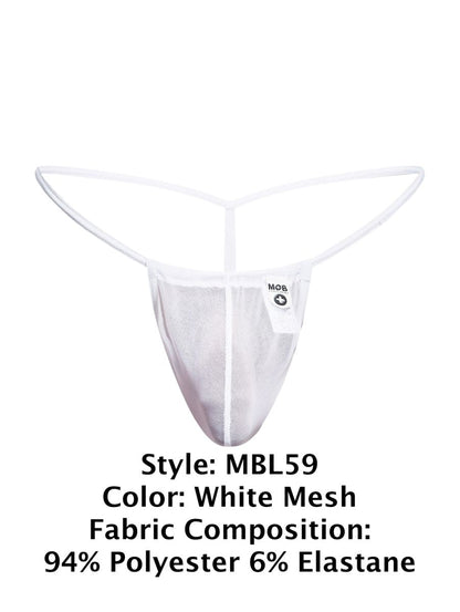White mesh thong g-string by malebasics with y-shaped waistband and vertical seam made of 94 polyester 6 elastane