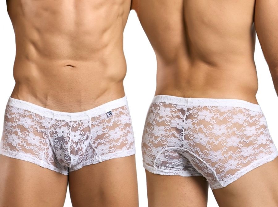 Malebasics mbl78 white lace trunks men’s underwear with floral pattern and elastic waistband front view