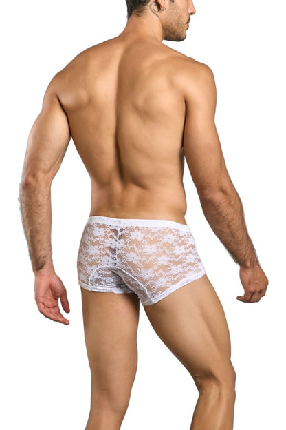 Malebasics mbl78 lace trunks white lace briefs with delicate floral pattern and solid white waistband