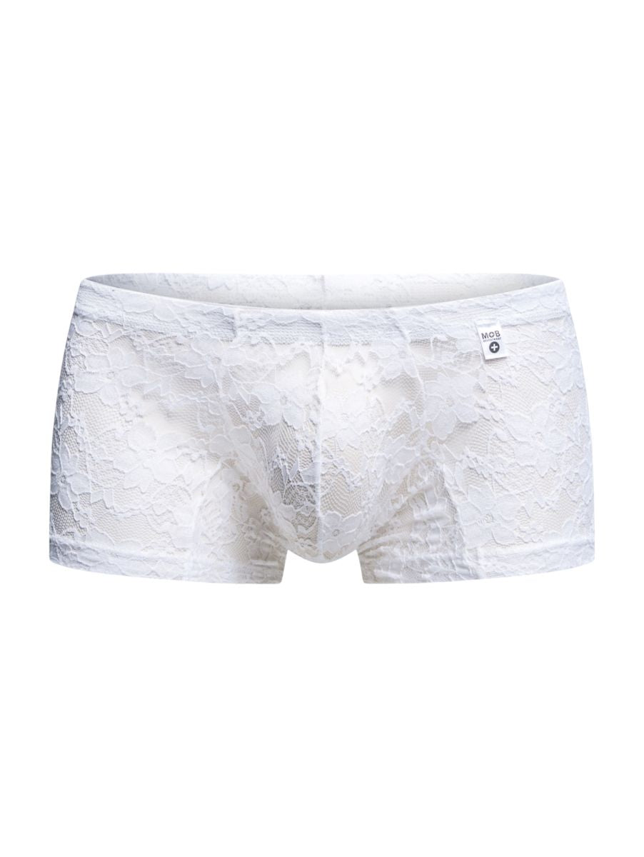 Malebasics mbl78 white lace trunks men’s briefs with delicate floral pattern and small brand tag on waistband