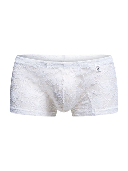 Malebasics mbl78 white lace trunks men’s briefs with delicate floral pattern and small brand tag on waistband