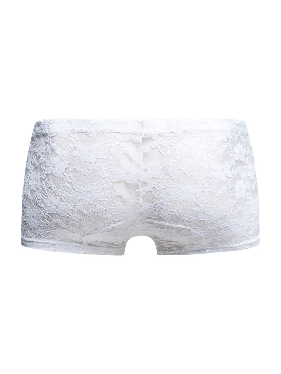 MaleBasics MBL78 lace trunks in white lace feature a delicate floral pattern and smooth seamless design