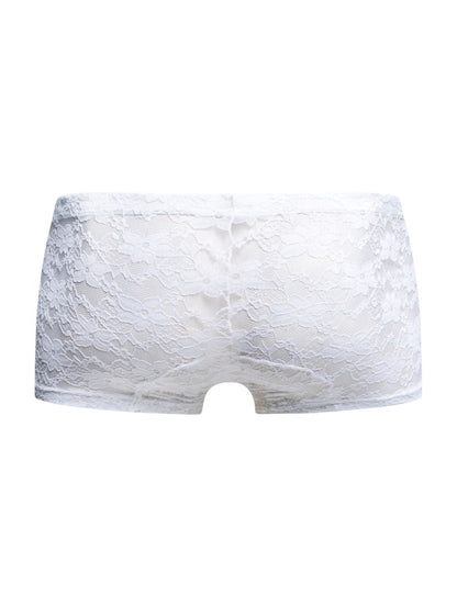 MaleBasics MBL78 lace trunks in white lace feature a delicate floral pattern and smooth seamless design