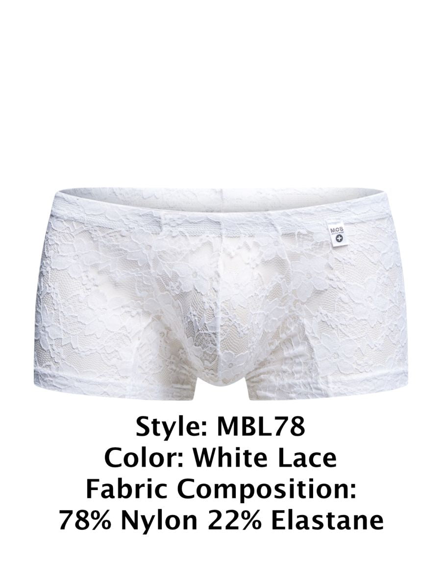 Malebasics mbl78 lace trunks in white lace feature delicate floral pattern made from 78 nylon and 22 elastane