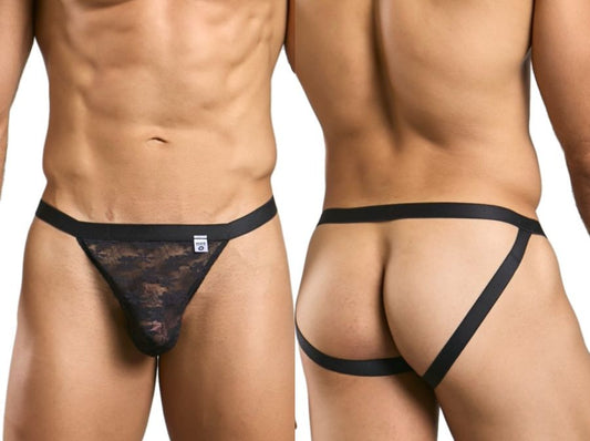 MaleBasics MBL82 sexy jockstrap in black lace with solid black waistband and side straps, front view