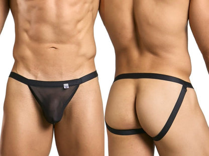 Black sheer mesh thong jockstrap with black elastic waistband and side straps by malebasics mbl82