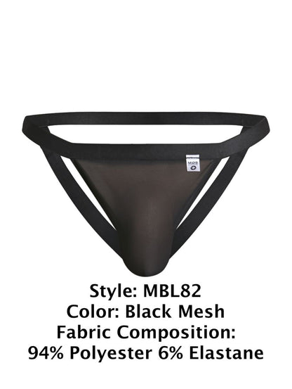 Malebasics mbl82 sexy jockstrap in black mesh with sleek form-fitting design and reinforced waistband front view