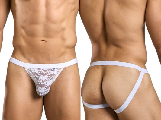 Malebasics mbl82 sexy jockstrap in white lace with solid white waistband and side straps front view