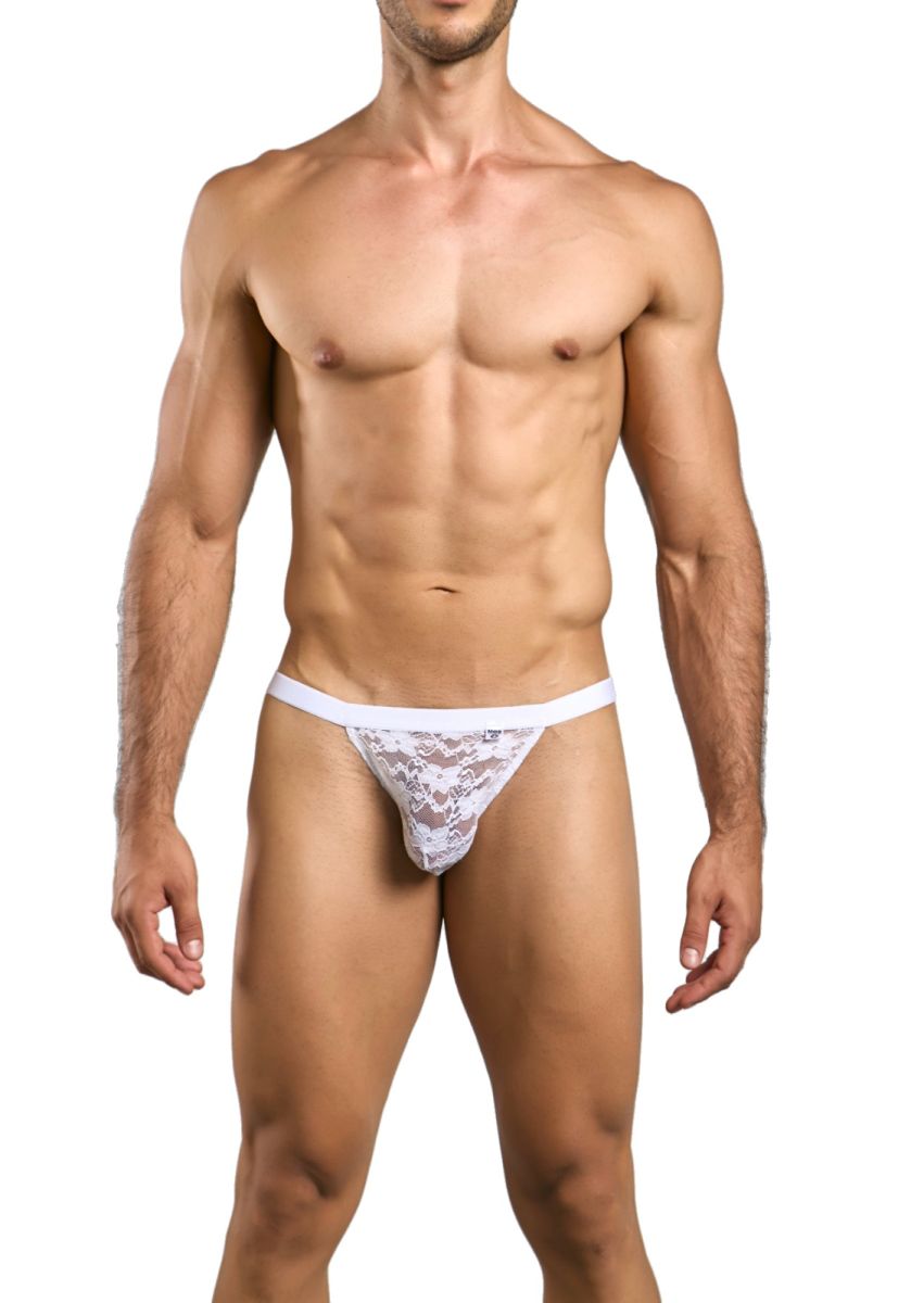 Malebasics mbl82 sexy jockstrap in white lace with delicate floral pattern and solid white waistband front view