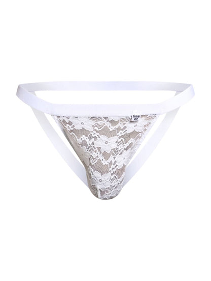 Male basics mbl82 sexy jockstrap in white lace thong with delicate floral patterns and solid white waistband