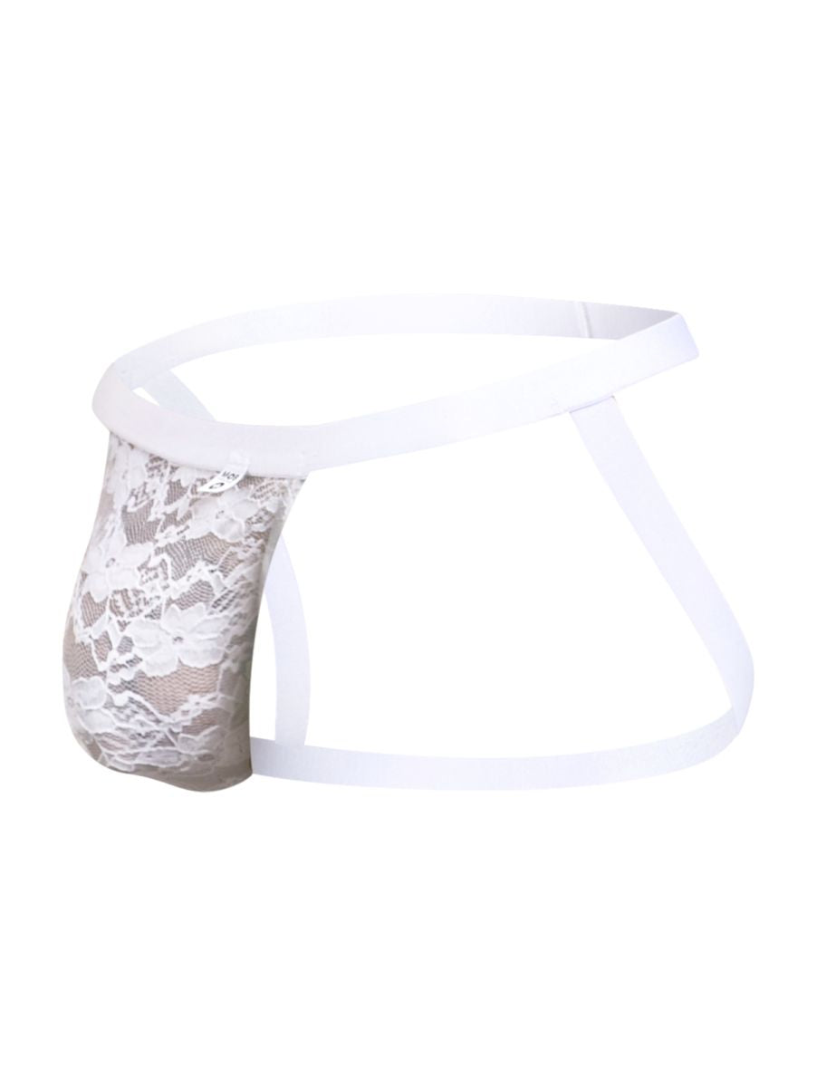White malebasics mbl82 sexy jockstrap briefs with lace trim sheer patterned front and solid elastic waistband