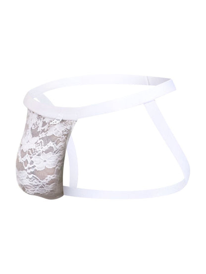 White malebasics mbl82 sexy jockstrap briefs with lace trim sheer patterned front and solid elastic waistband