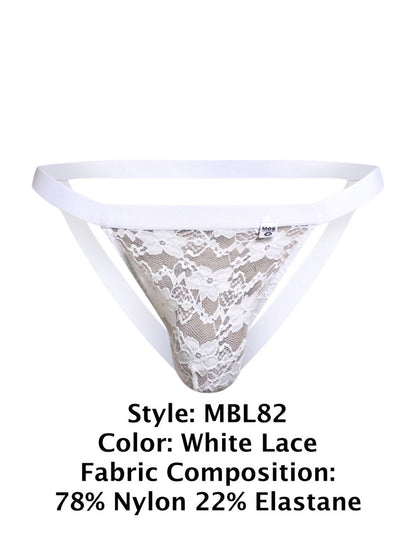 Malebasics mbl82 sexy jockstrap in white lace with delicate floral pattern and supportive white elastic straps front view