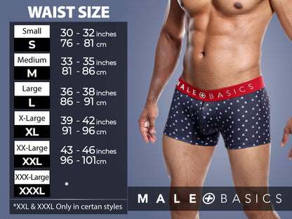 Male basics mbl82 sexy jockstrap in white lace paired with navy blue boxer briefs with red logo waistband and sailboats pattern