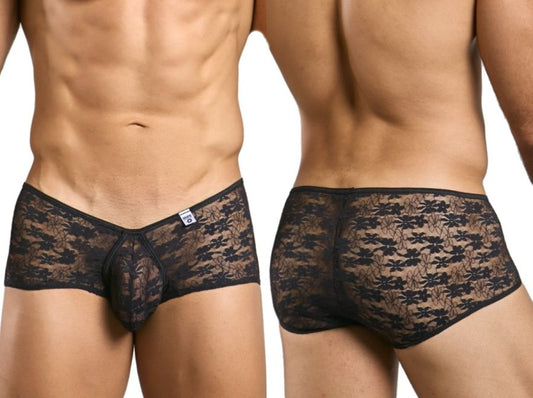 Malebasics mbl83 loop cheeky trunks in black lace feature sheer floral lace design for men’s underwear