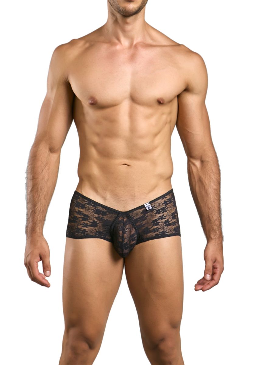 Black lace malebasics mbl83 loop cheeky trunks with intricate floral pattern showcasing the back side design