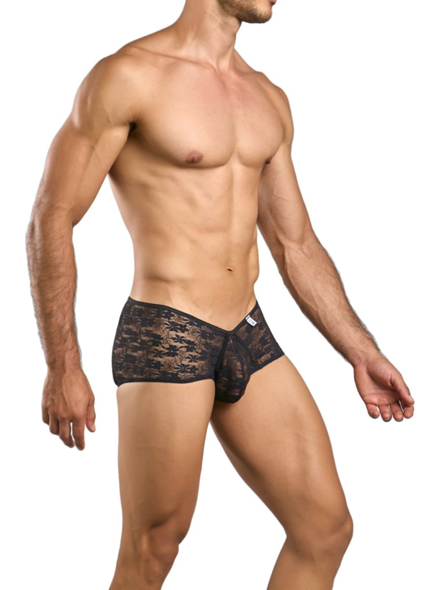 Malebasics mbl83 loop cheeky trunks in black lace feature sheer patterned men’s briefs showing the backside
