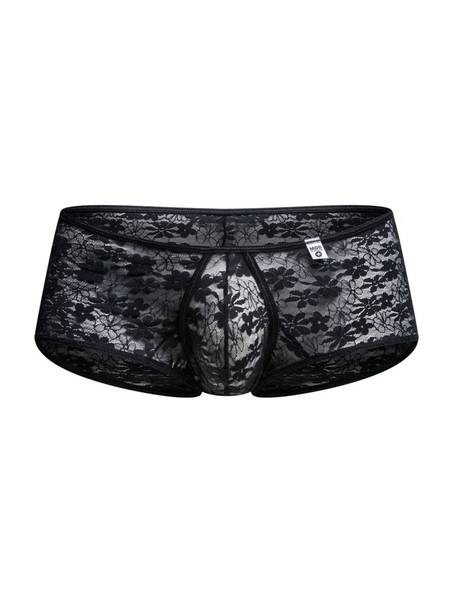 Malebasics mbl83 loop cheeky trunks black lace men’s underwear with floral pattern and elastic waistband front view
