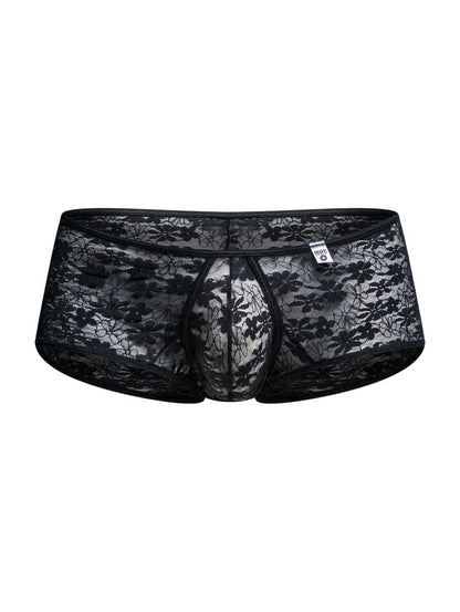 Malebasics mbl83 loop cheeky trunks black lace men’s underwear with floral pattern and elastic waistband front view
