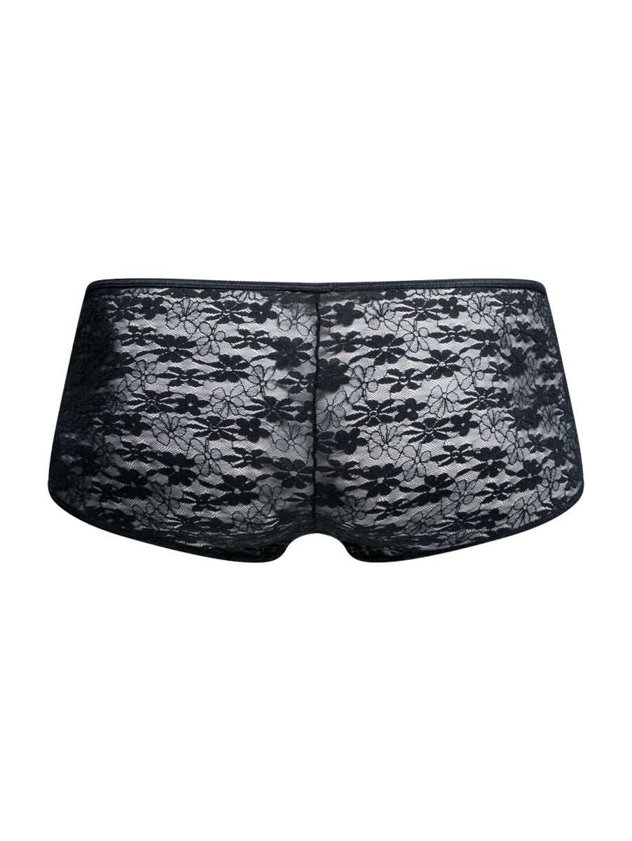 Malebasics mbl83 loop cheeky trunks black lace floral underwear with a sheer elegant design shown from the back side