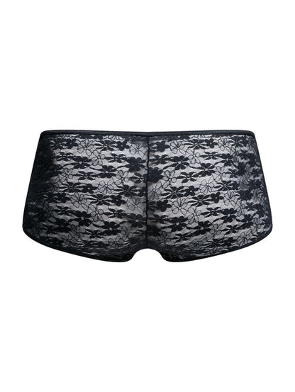 Malebasics mbl83 loop cheeky trunks black lace floral underwear with a sheer elegant design shown from the back side