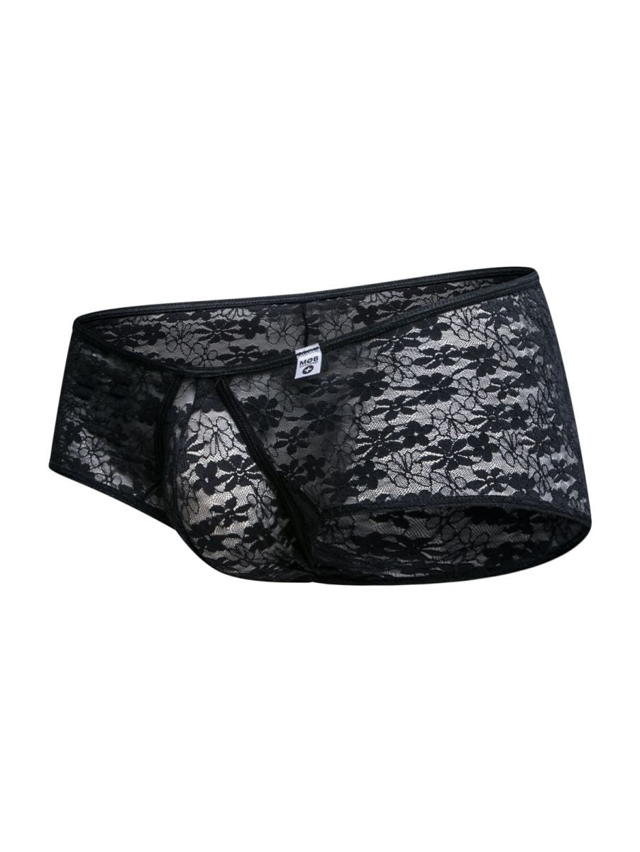 Malebasics mbl83 loop cheeky trunks black lace men’s underwear with floral pattern and elastic waistband front view