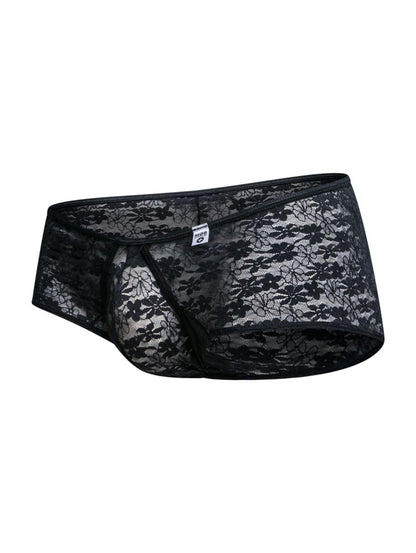 Malebasics mbl83 loop cheeky trunks black lace men’s underwear with floral pattern and elastic waistband front view