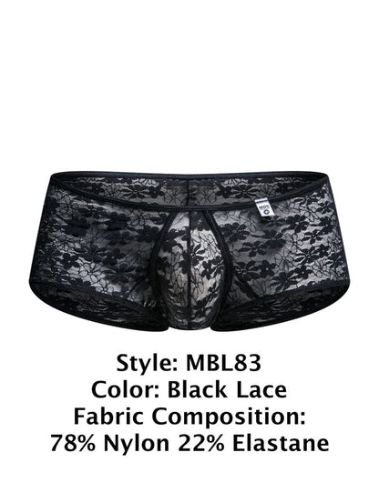 Black lace malebasics mbl83 loop cheeky trunks for men with floral pattern made of 78 nylon 22 elastane