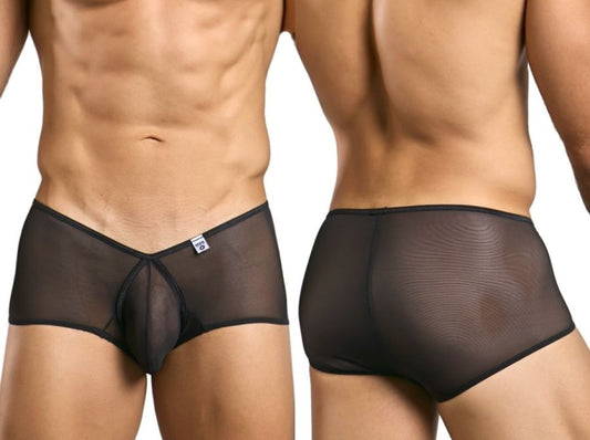 Black sheer mesh malebasics mbl83 loop cheeky trunks with solid black waistband and trim shown from the back