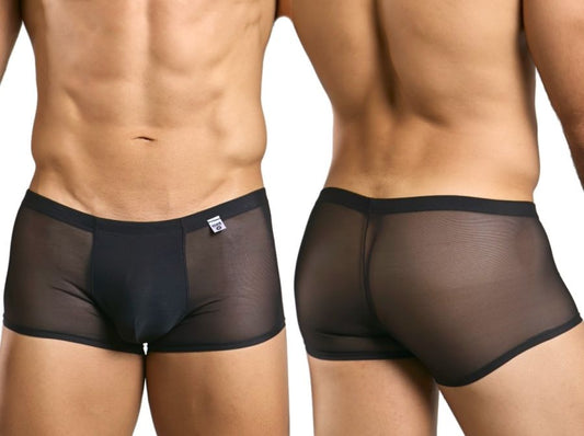 Malebasics mbl84 classic pouch trunks in black sheer mesh with solid black waistband and trim