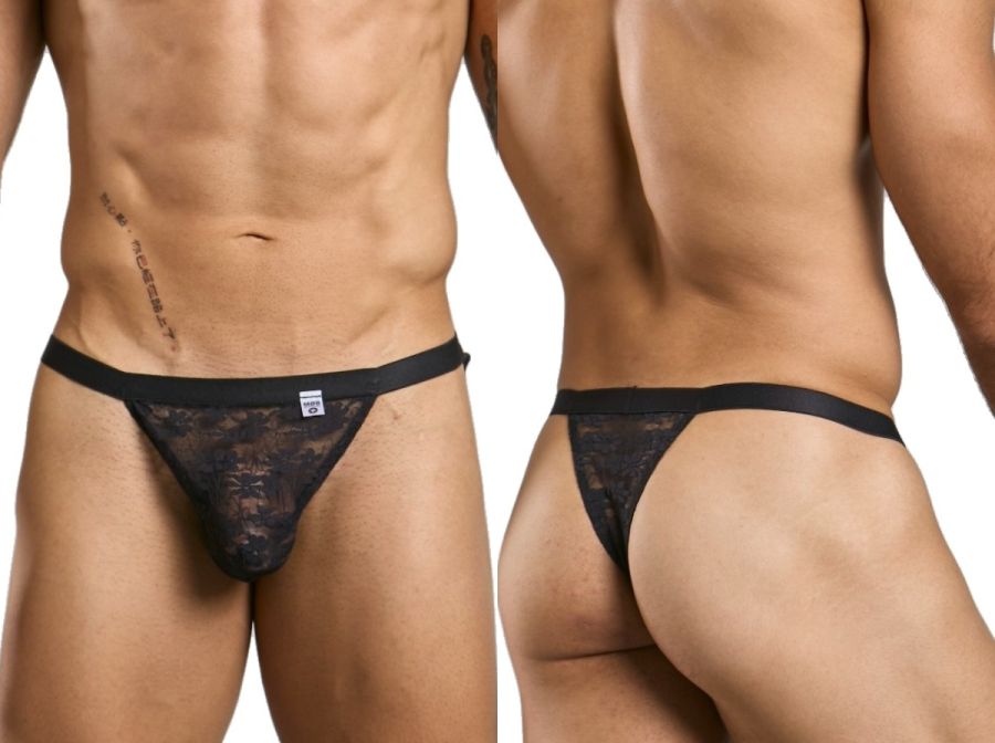 Black lace thong with solid black waistband by malebasics mbl85 y sexy thongs shown from the back side
