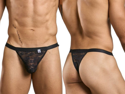 Black lace thong with solid black waistband by malebasics mbl85 y sexy thongs shown from the back side