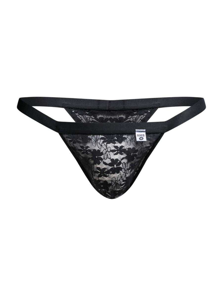 Malebasics mbl85 y sexy thong in black lace with floral pattern and elastic waistband for men