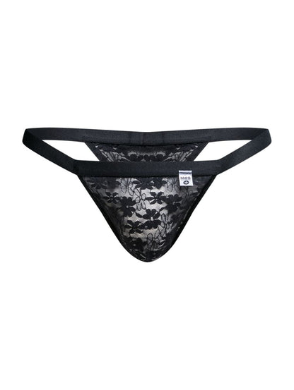 Malebasics mbl85 y sexy thong in black lace with floral pattern and elastic waistband for men