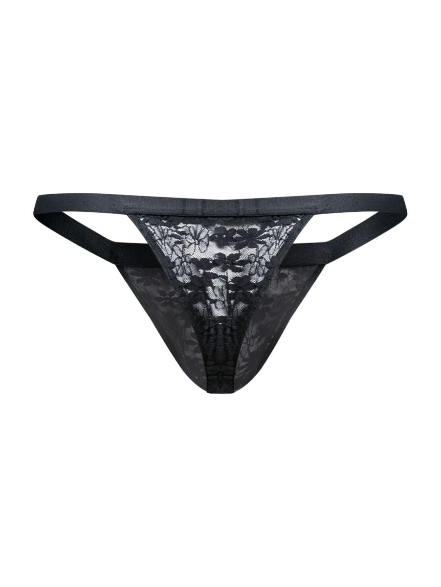 Malebasics mbl85 y sexy thongs black lace thong with floral pattern and satin-like waistband front view