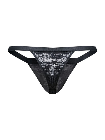 Malebasics mbl85 y sexy thongs black lace thong with floral pattern and satin-like waistband front view