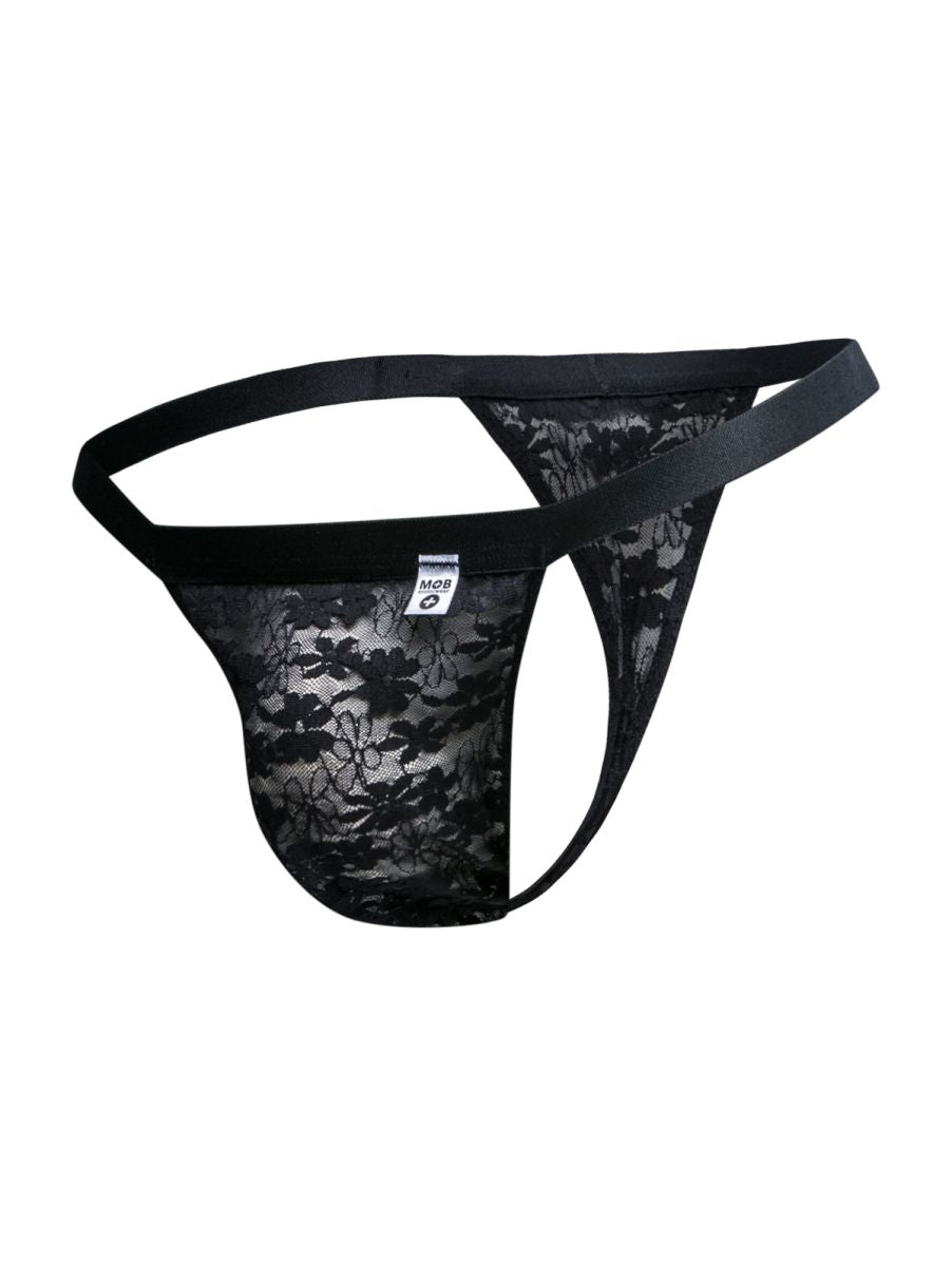 Malebasics mbl85 y sexy thong in black lace with solid black elastic waistband and side straps shown from the front