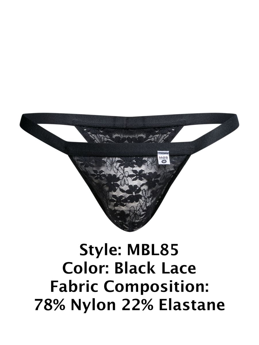 Black lace thong with delicate floral pattern and elastic waistband from malebasics mbl85 y sexy thongs collection