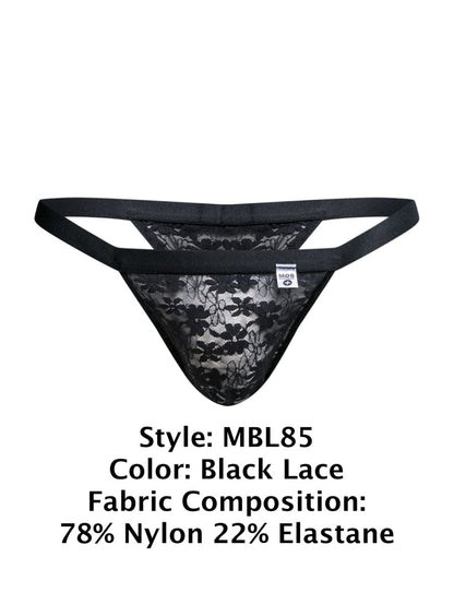 Black lace thong with delicate floral pattern and elastic waistband from malebasics mbl85 y sexy thongs collection
