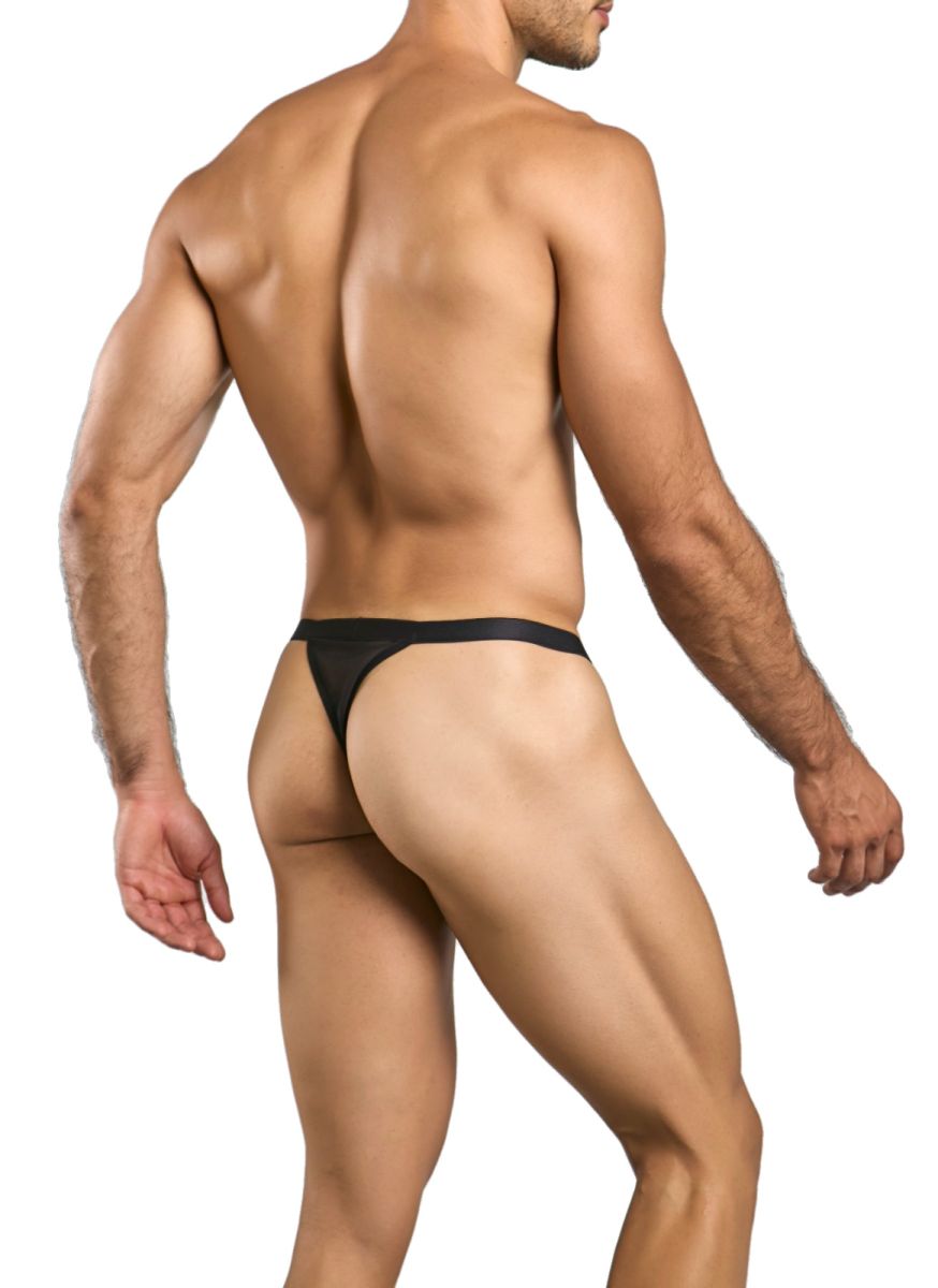 Black male basics mbl85 y sexy thong made of smooth stretchy mesh fabric with a narrow waistband visible from the back