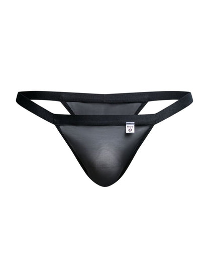 Malebasics mbl85 y sexy thong in black mesh with solid black waistband and side straps shown from the front