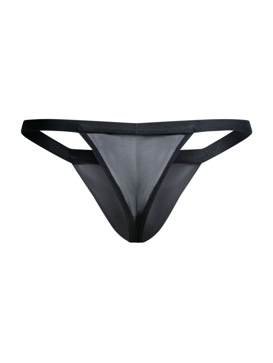 Malebasics mbl85 y sexy thong in black mesh with solid black waistband and leg straps shown from the back side