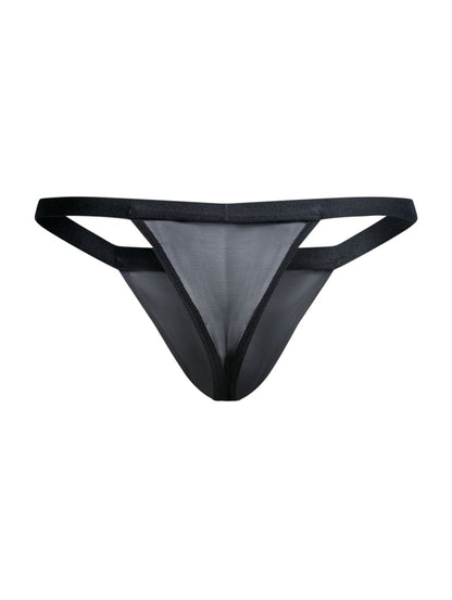 Malebasics mbl85 y sexy thong in black mesh with solid black waistband and leg straps shown from the back side