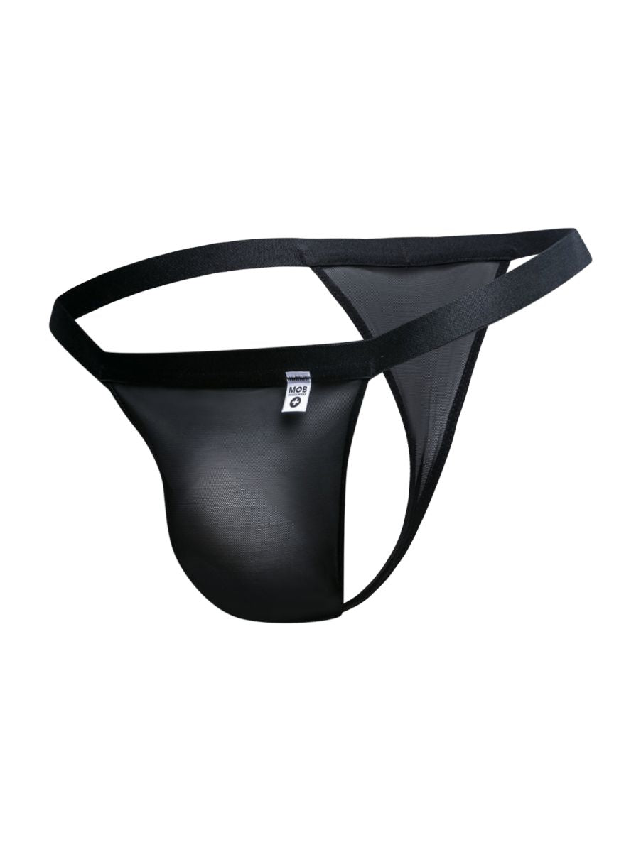 Malebasics mbl85 y sexy thong in black mesh with solid black waistband and leg openings with front white label