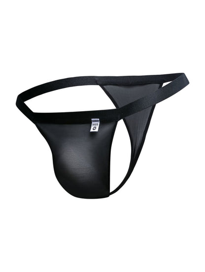 Malebasics mbl85 y sexy thong in black mesh with solid black waistband and leg openings with front white label