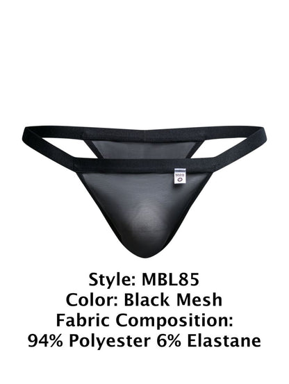 Malebasics mbl85 y sexy thongs black mesh thong with sleek form-fitting design and reinforced waistband front view