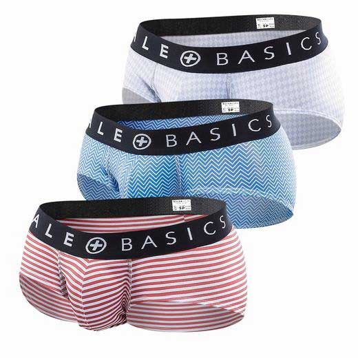 Set of maleBasics mens briefs 3-pack in white blue chevron and red stripes with black branded elastic waistbands