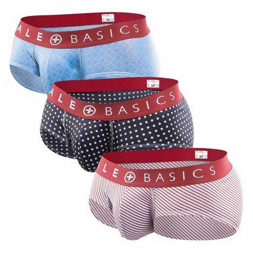 Malebasics mens brief 3 pack with red elastic waistbands featuring light blue black polka dots and pink stripes