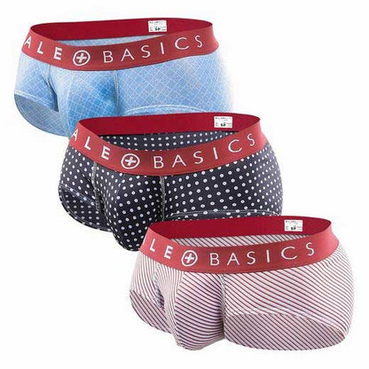 Malebasics mens brief 3-pack with red elastic waistbands featuring light blue, black polka dots, and pink stripes patterns