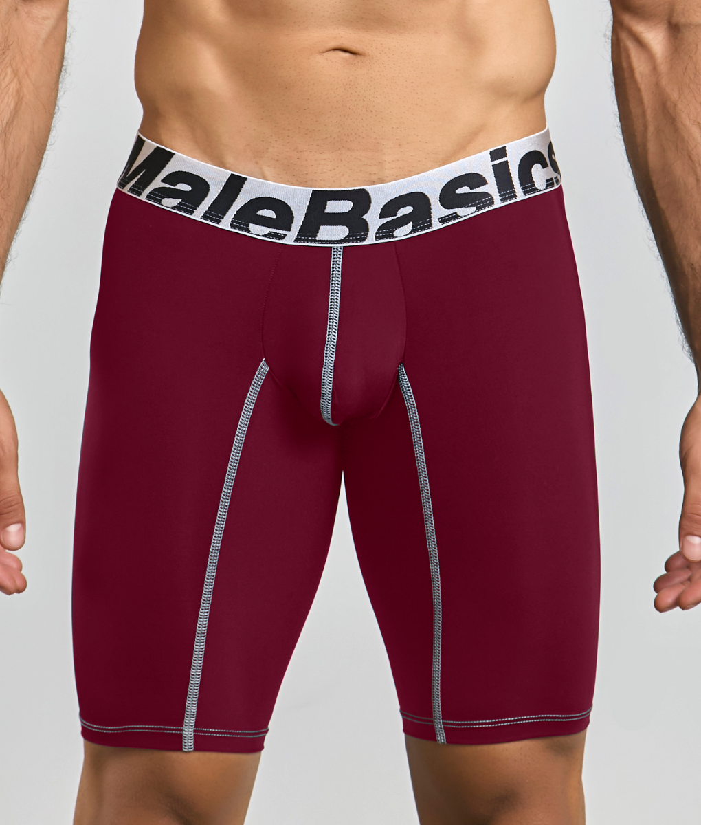 Maroon malebasics microfiber athletic boxer briefs with white waistband black lettering and silver side stitching